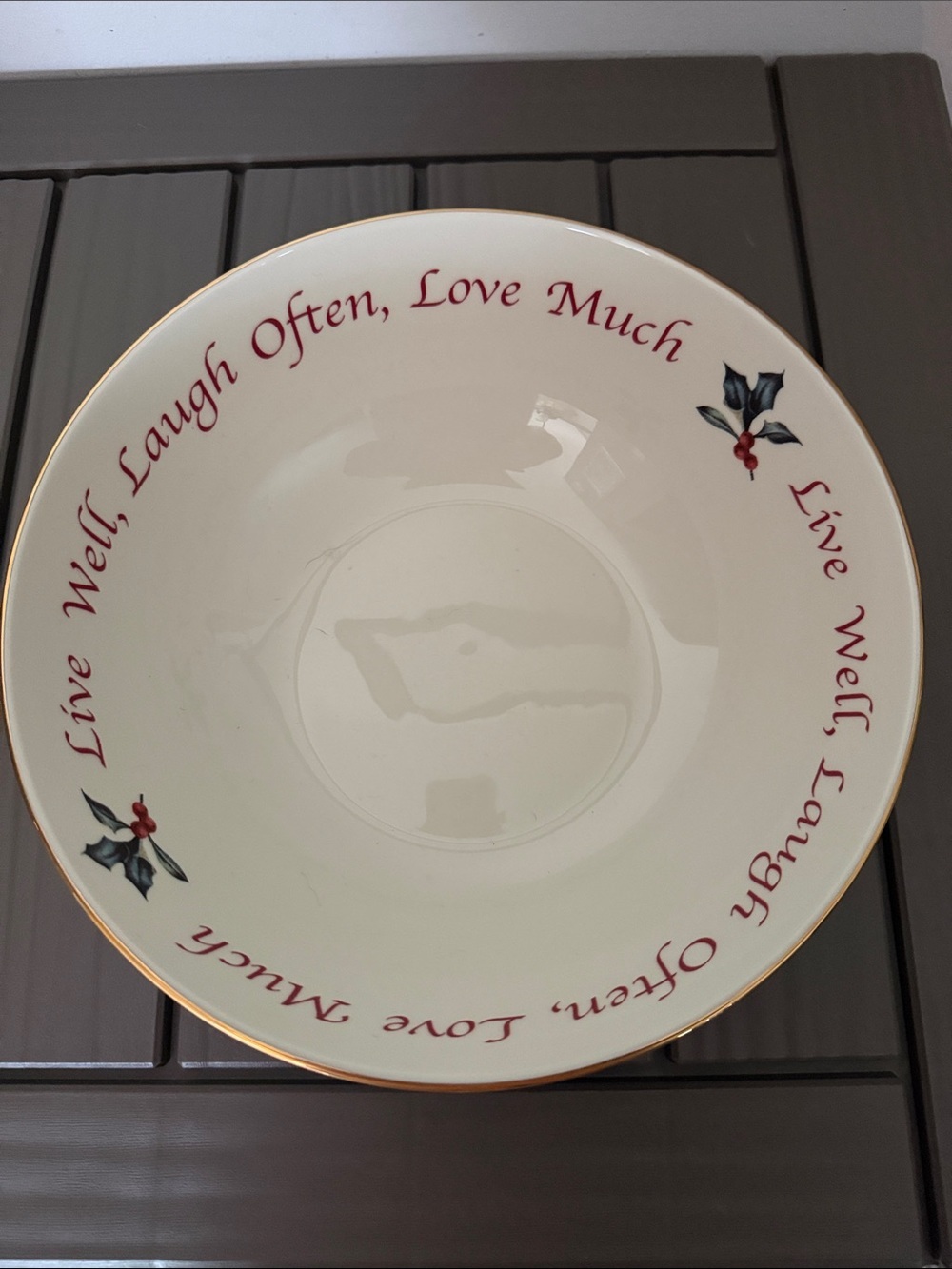 Lenox Cream Holiday Serving Bowl with Red Script and Gold Rim